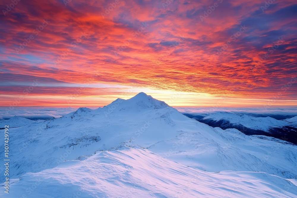 Naklejka premium Against a background of hills, a mountain in sunset color
