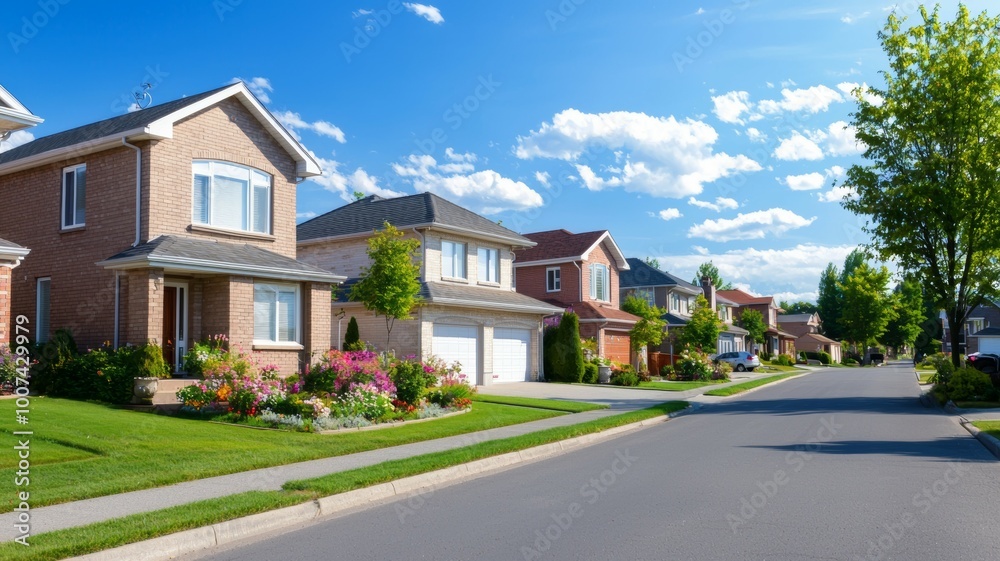 A row of houses with a street in between A row of houses with a street in between