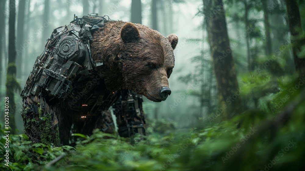 Obraz premium A robotic AI bear foraging for food in the dense underbrush, its lifelike sensors detecting the scents and sights of the forest, creating a realistic wildlife experience