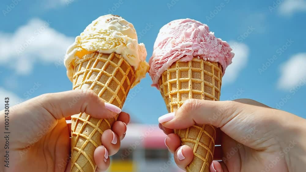 Closeup of two ice cream cones, one vanilla and one strawberry, held by two hands against a blue sky.
