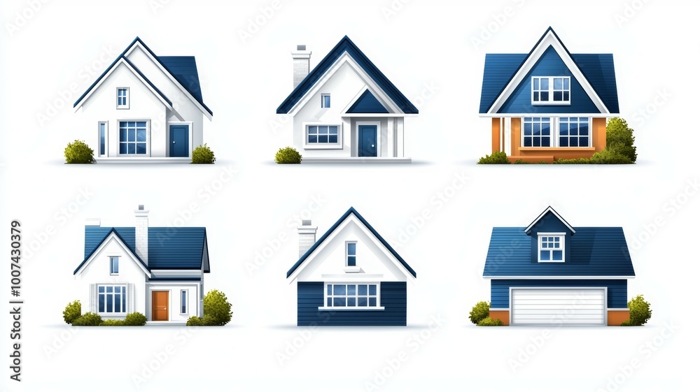 Fototapeta premium A row of six houses with blue roofs and white trim