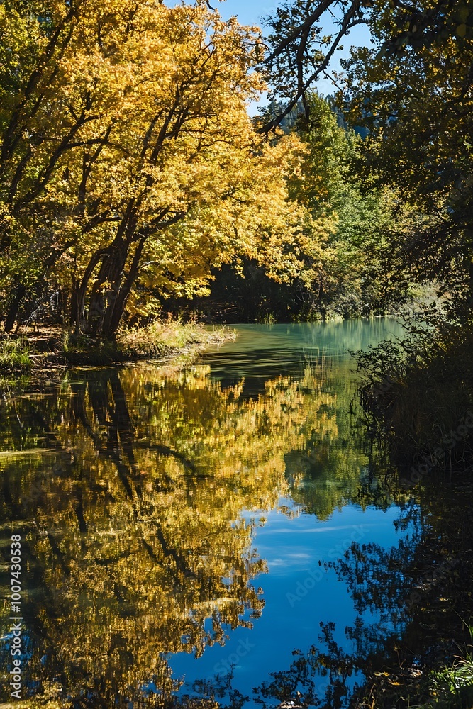 Golden autumn tree reflection in still blue water of tranquil lake