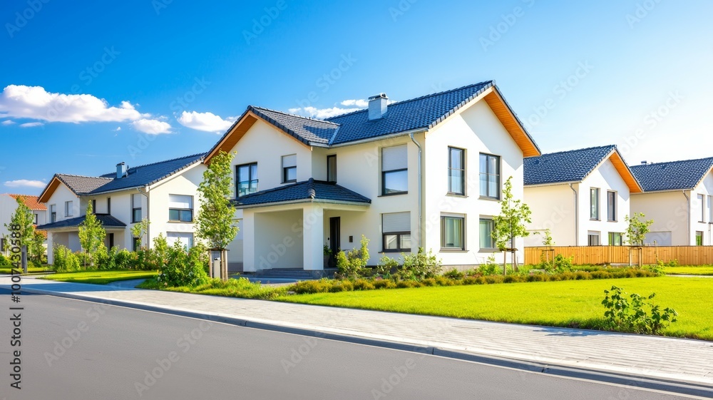A row of houses with a white house in the middle A row of houses with a white house in the middle