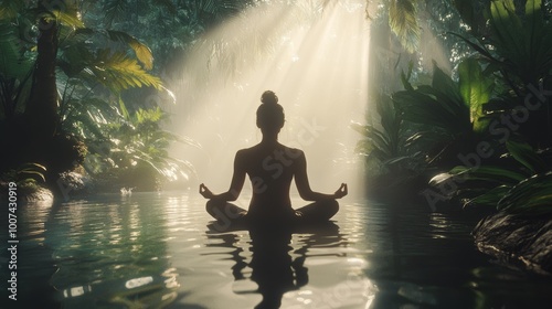 Serene Meditation in Lush Green Nature Under Soft Sunlight