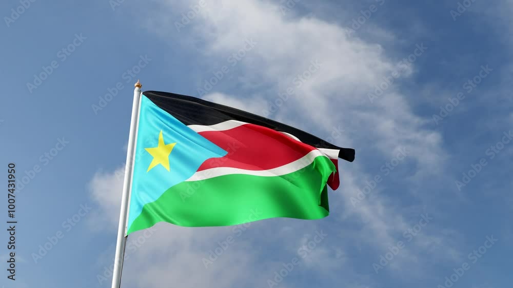 Flag of South Sudan on a blue sky, flag on a flag pole waving in the wind, african country, national symbol of South Sudan, video of a flag	