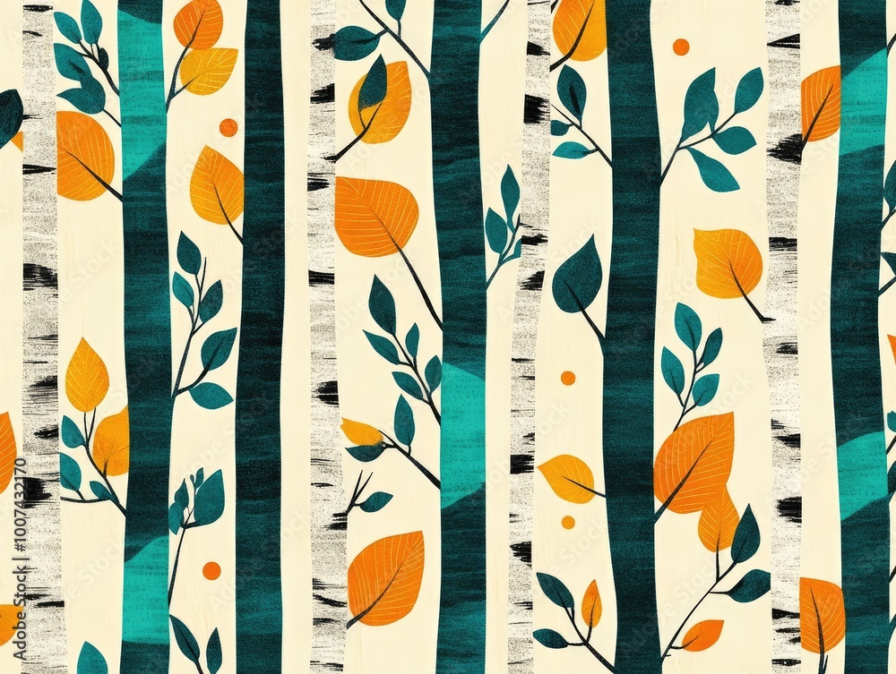 Hand-Drawn Geometric Birch Tree Pattern in Teal and Orange Complementary Colors Hand-Drawn Geometric Birch Tree Pattern in Teal and Orange Complementary Colors