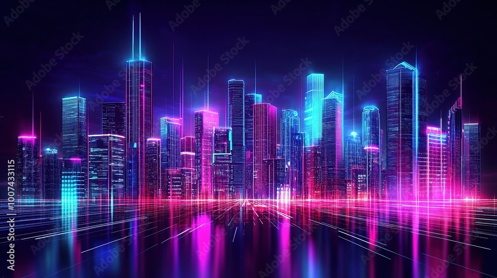 Vibrant City Skyline at Night with Neon Lights Vibrant City Skyline at Night with Neon Lights