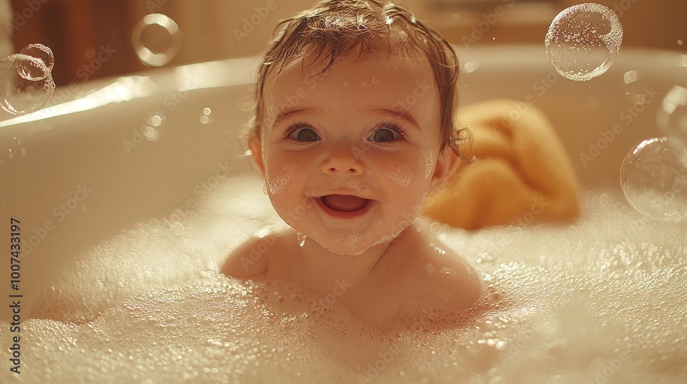 A joyful baby smiling in a bubble-filled bath, enjoying playtime and relaxation. A joyful baby smiling in a bubble-filled bath, enjoying playtime and relaxation.
