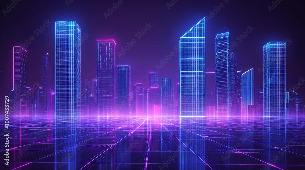 Neon Cityscape at Night with Glowing Skyscrapers Neon Cityscape at Night with Glowing Skyscrapers