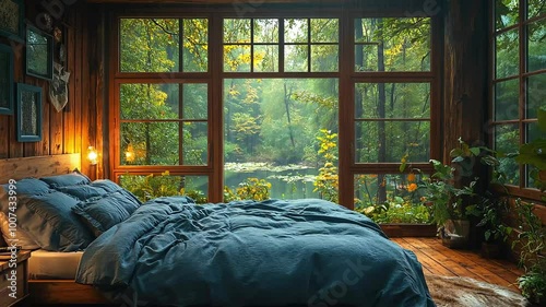 Cozy bedroom with large windows overlooking a forest and lake.