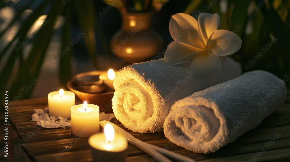 Relaxing Spa Setting with Towels and Candles Relaxing Spa Setting with Towels and Candles
