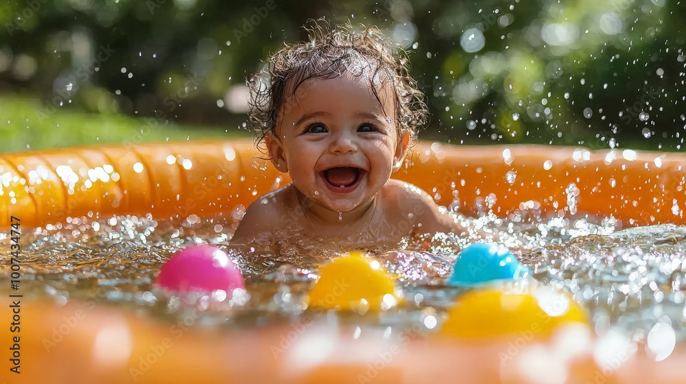 A joyful baby splashes in a colorful inflatable pool, surrounded by water and floating balls.