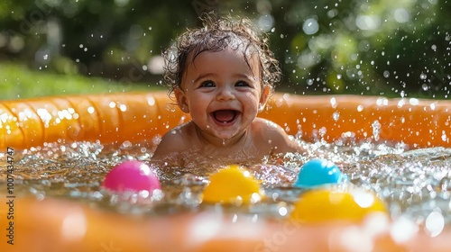 Obraz na płótnie A joyful baby splashes in a colorful inflatable pool, surrounded by water and floating balls. w salonie