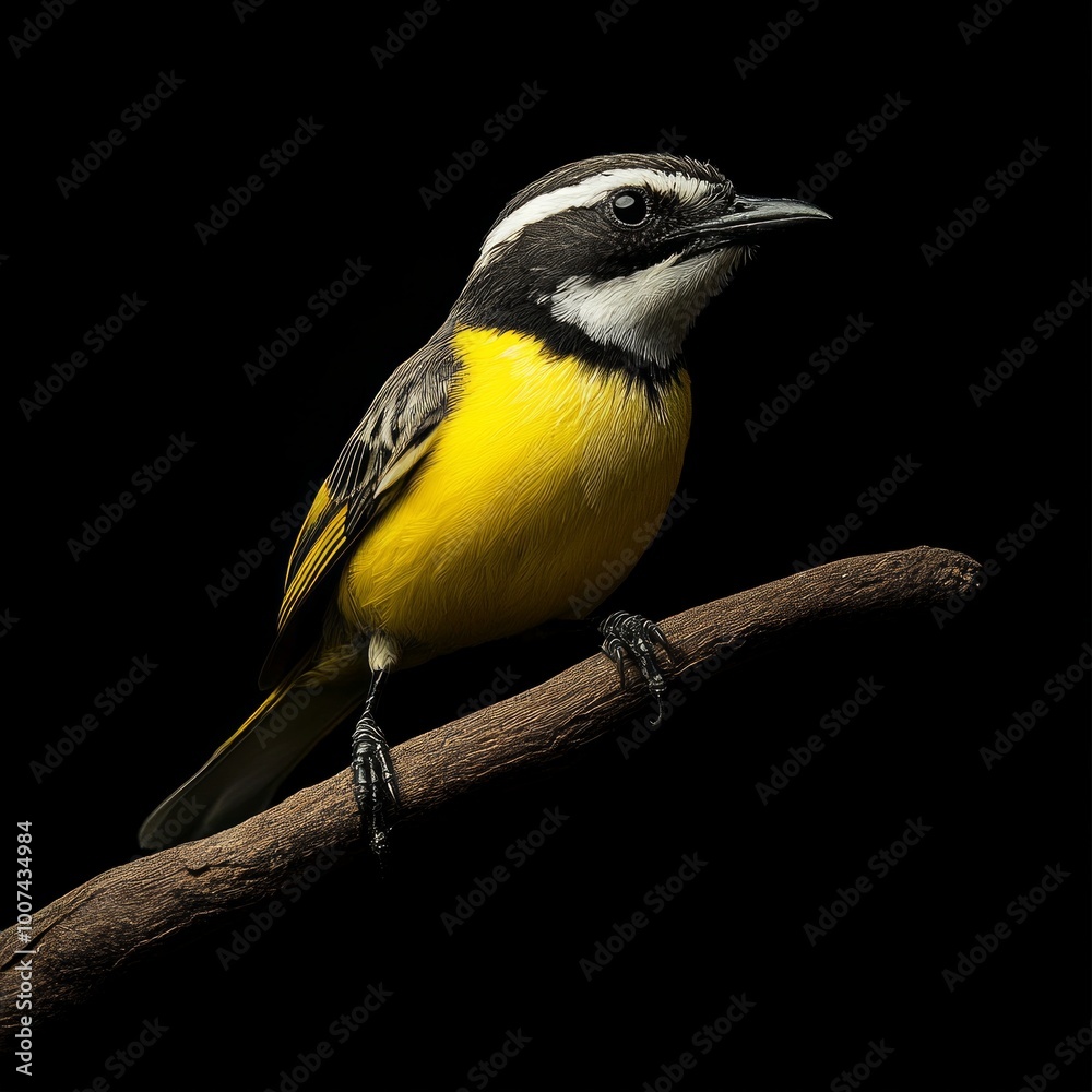 Obraz premium A vibrant yellow bird perched elegantly on a branch. Its striking black and white markings are captivating. The dark background enhances its colorful feathers. AI