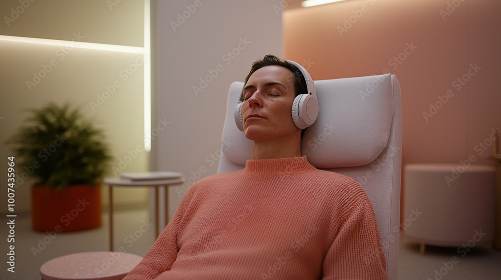 Patient relaxing with headphones and eye mask during ketamine therapy treatment Patient relaxing with headphones and eye mask during ketamine therapy treatment