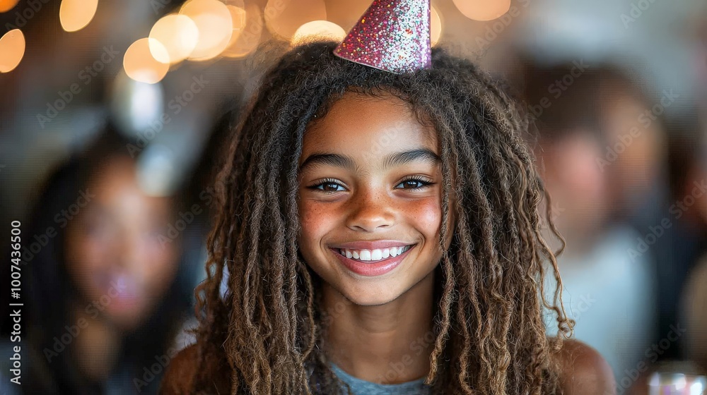 A joyful child wearing a party hat, smiling at a celebration with blurred background. A joyful child wearing a party hat, smiling at a celebration with blurred background.