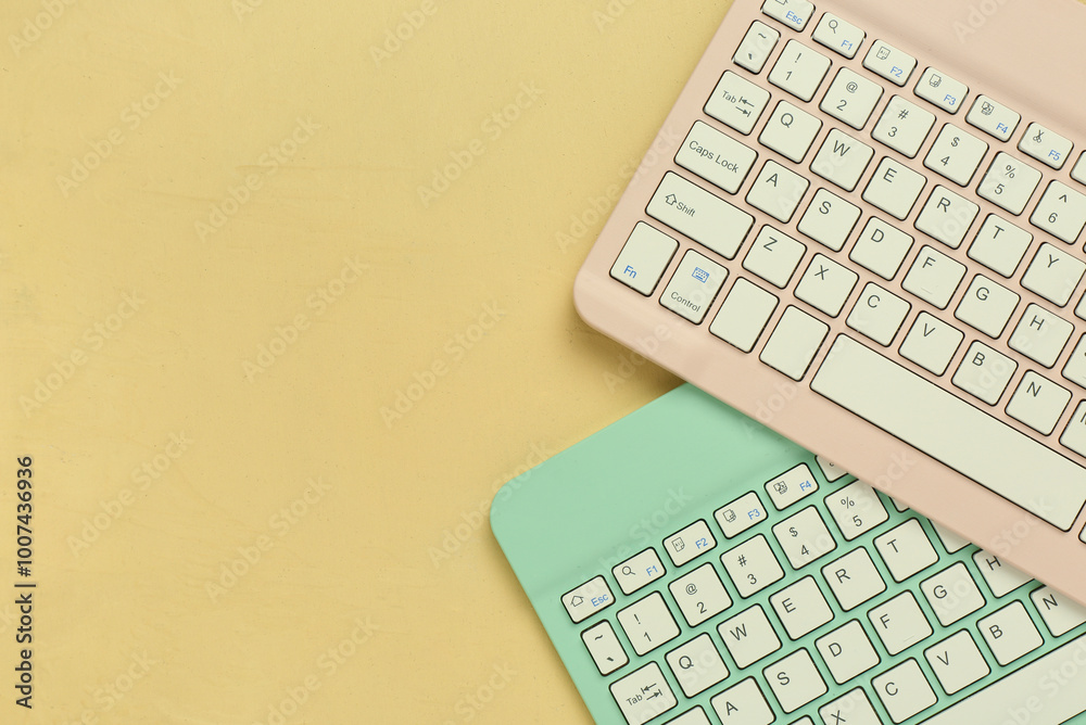 Modern tablets external keyboard on yellow background