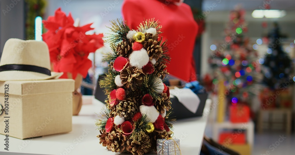 © DC Studio - Close up shot of miniature festive Christmas tree crafted from pine cones sitting on clothing store display table next to stylish neckties. Xmas decoration in empty fashion shop © DC Studio - Close up shot of miniature festive Christmas tree crafted from pine cones sitting on clothing store display table next to stylish neckties. Xmas decoration in empty fashion shop