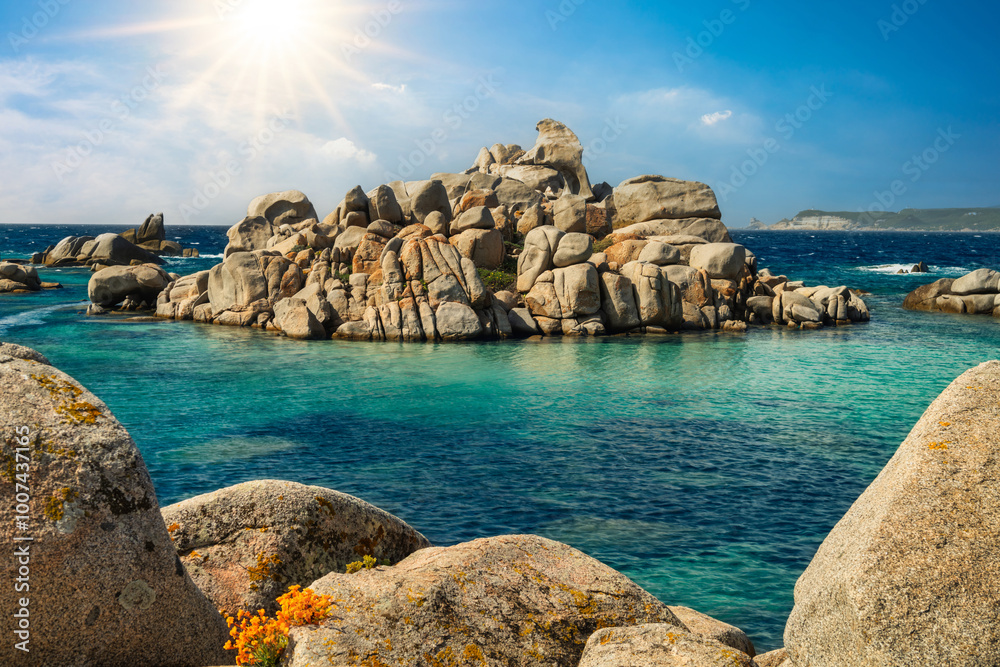 Fototapeta premium Colorful turquoise blue view of Lavezzi island near Bonifacio in Corsica, France, Europe - Travel and nature of beauty concept