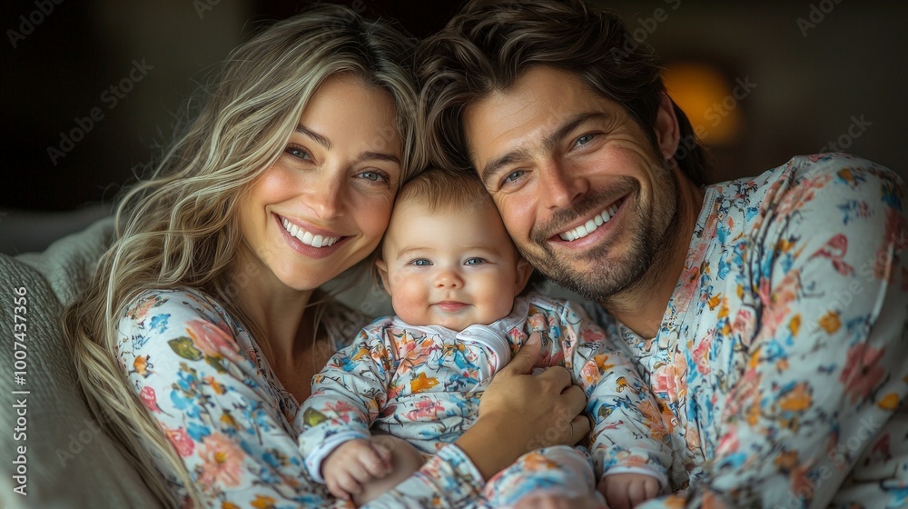 A joyful family portrait featuring a couple and their baby, all smiling together. A joyful family portrait featuring a couple and their baby, all smiling together.