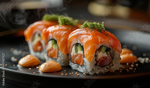 AI generator image of arranged sushi platter with an assortment of nigiri and sashimi, displayed on a minimalist black slate board.the vibrant colors of salmon, tuna, and yellowtail,