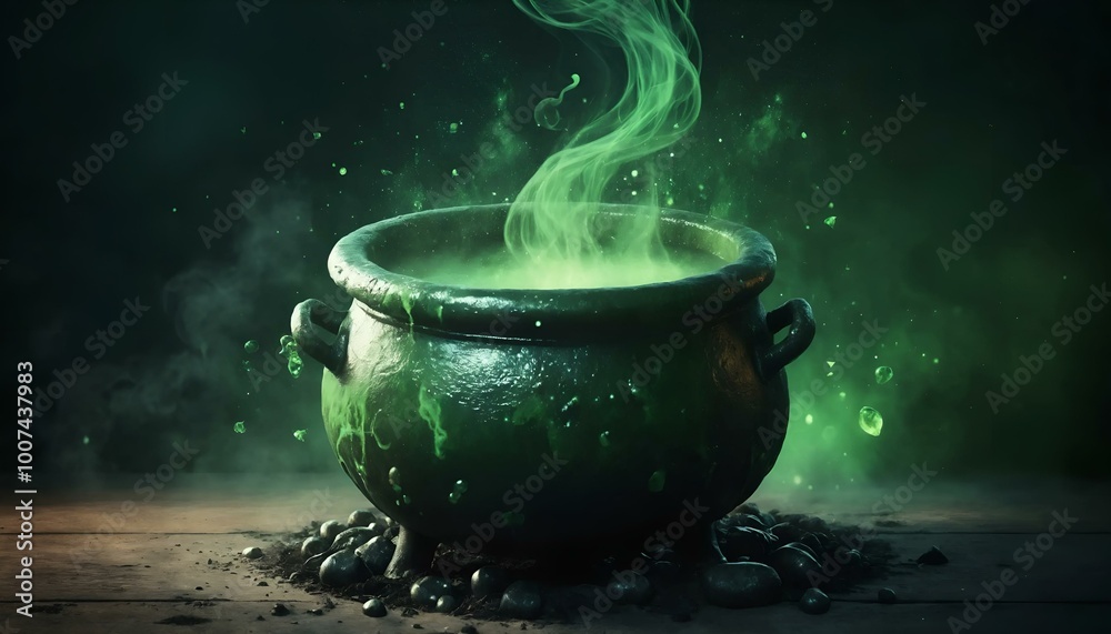 Mysterious cauldron with bubbling green potion emitting smoke on a dark background
Mysterious cauldron with bubbling green potion emitting smoke on a dark background