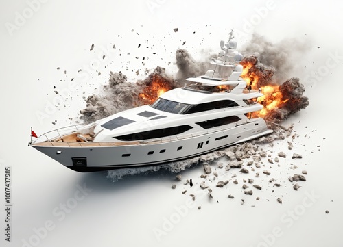 yacht explosion moment on white background photo