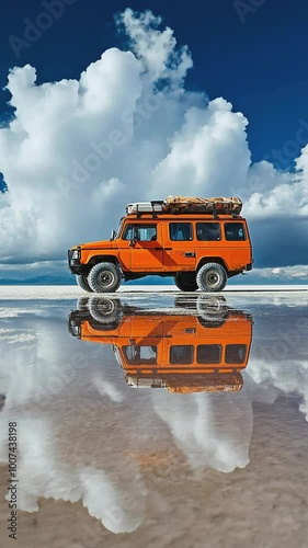 Orange 4x4 vehicle with luggage rack driving on a salt flat, reflected in the water.