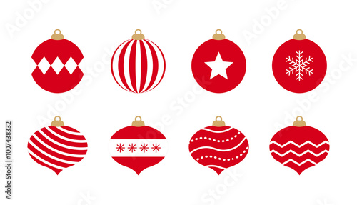 A set of illustrations of balls used to decorate a Christmas tree in the winter of December. The ornaments feature various patterns such as stripes, stars, and snowflakes.