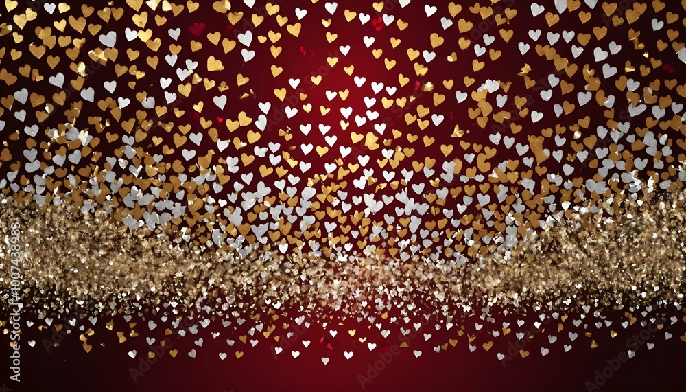 Festive heart confetti in gold and silver on a red background for celebration Festive heart confetti in gold and silver on a red background for celebration