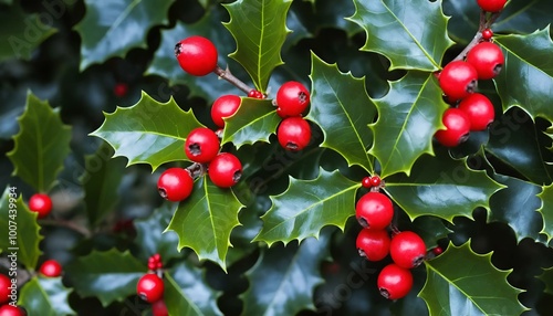 Close-up of holly leaves with red berries for festive holiday decoration 