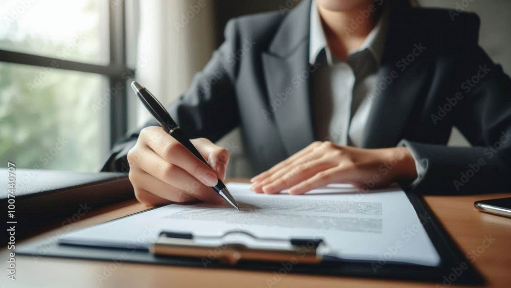 Professional Hand Writing on Document at Office Desk Professional Hand Writing on Document at Office Desk