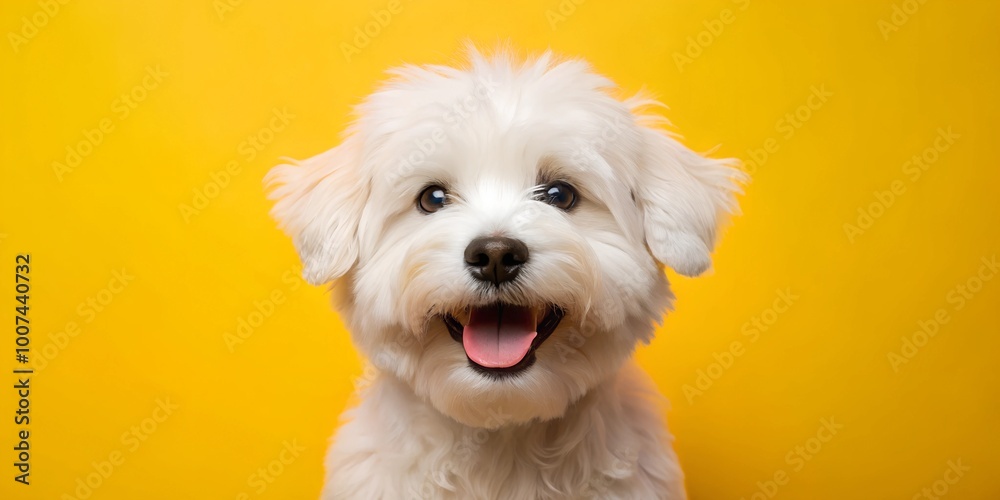 Happy white dog puppy smiling on isolated yellow background with copyspace Happy white dog puppy smiling on isolated yellow background with copyspace