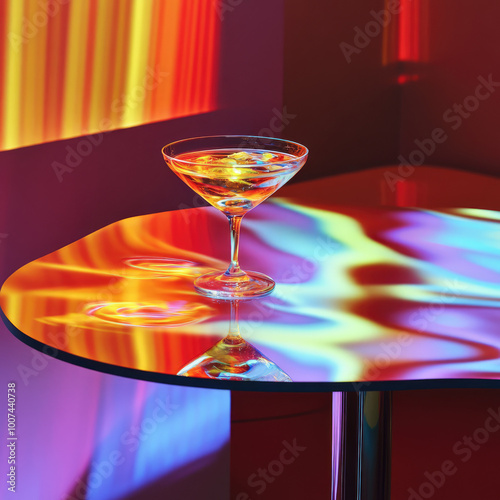 Martini drink glass on the glass table in the night club spectrum lighting, pink background  photo