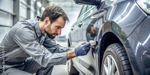 An auto body repair specialist diligently repairs dents in your car's fenders, ensuring a flawless restoration