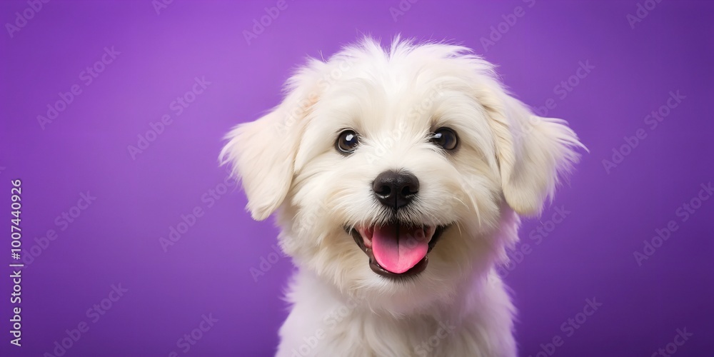 Happy white dog puppy smiling on isolated purple background with copyspace Happy white dog puppy smiling on isolated purple background with copyspace