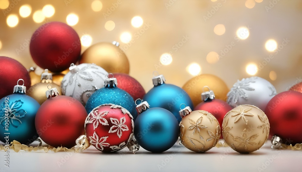 Christmas ornaments in red, blue, gold, and silver colors on a festive background with copy space