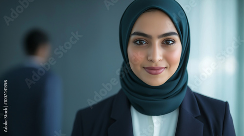 Confident businesswoman in hijab smiling in office setting photo