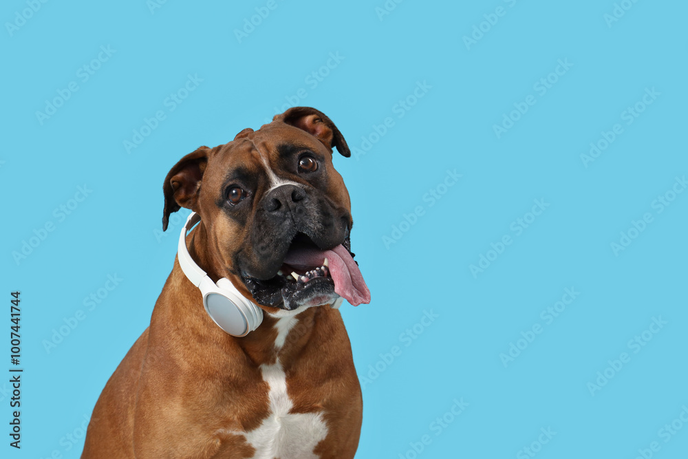 Cute Boxer dog with headphones on blue background, closeup Cute Boxer dog with headphones on blue background, closeup