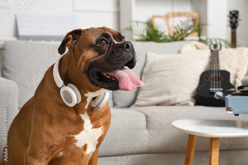 Boxer dog with headphones a...
