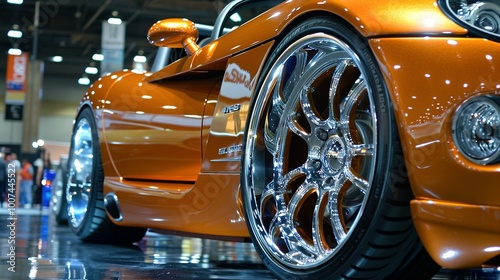 Close-up of a shiny orange sports car wheel