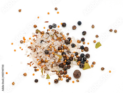 Mineral salts and other spices pile on a white background