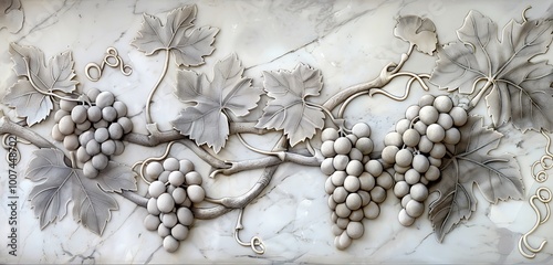 Marble sheet design featuring delicate etchings of ripe grapes and vine leaves, adding a touch of vineyard charm to kitchen countertops