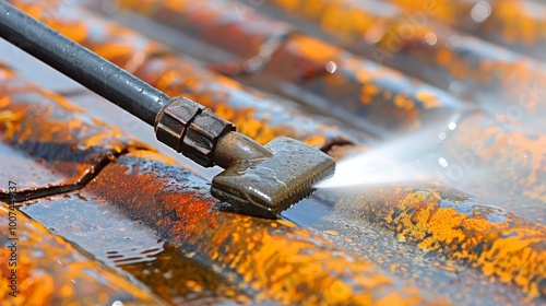 Cleaning tile roofs with a high pressure water purifier  removing old shingles effectively photo