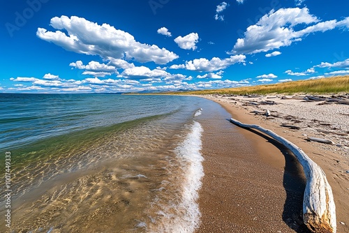 A peaceful beach with driftwood scattered along the shore, where the ocean meets the sand and the sky is filled with clouds, representing natureâ€™s balance. photo