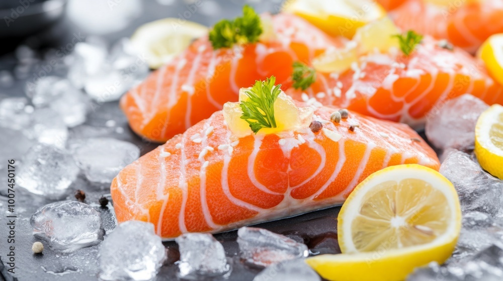 Fresh raw salmon fillets with lemon wedges and parsley on ice. Fresh raw salmon fillets with lemon wedges and parsley on ice.