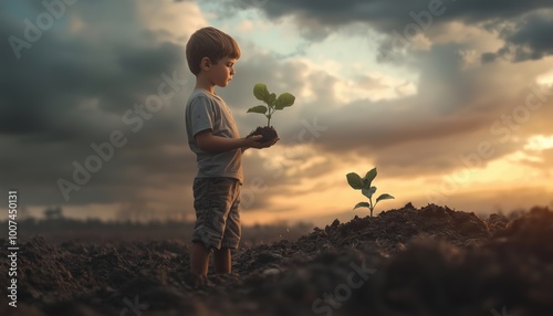 Promoting Eco Awareness Through Reforestation And Long-Term Environmental Sustainability: Nurturing A Greener Future With A Boy Holding A Plant. Gyre photo