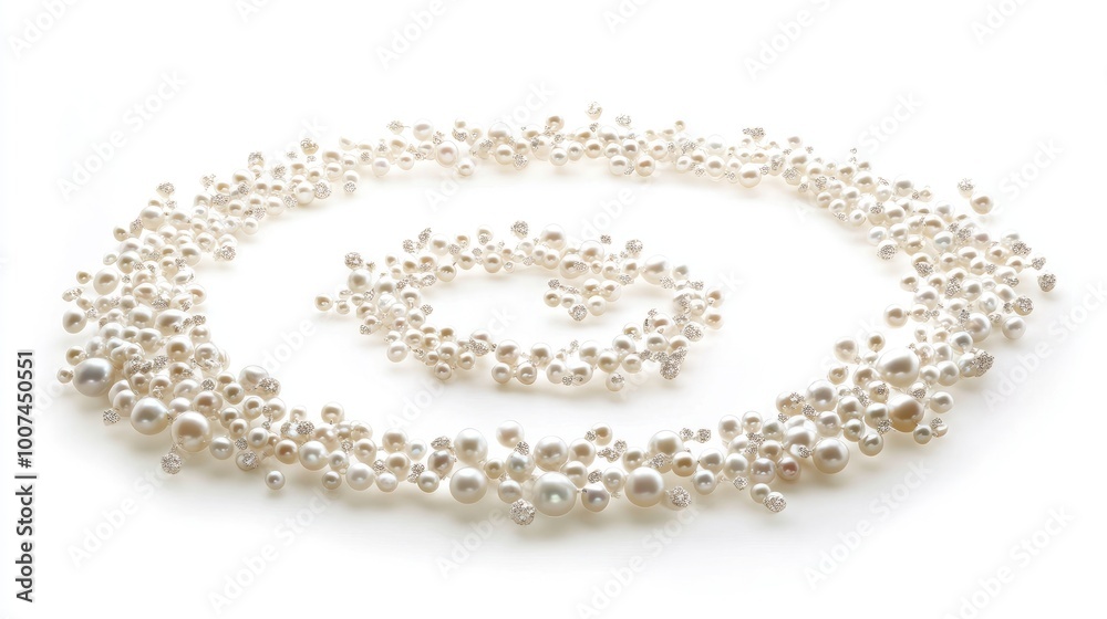 A captivating array of pearls arranged in a circular trail, creating a beautiful and luxurious display on a clean white background A captivating array of pearls arranged in a circular trail, creating a beautiful and luxurious display on a clean white background