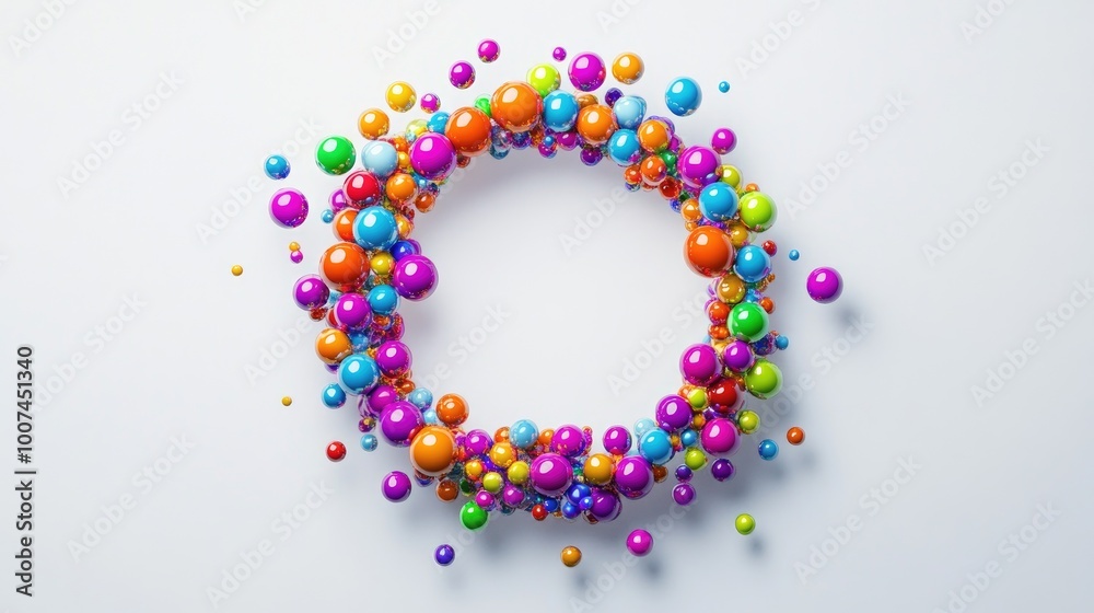 A perfect circle of multicolored spheres creating a radiant trail on a minimalist white background, symbolizing creativity and fun