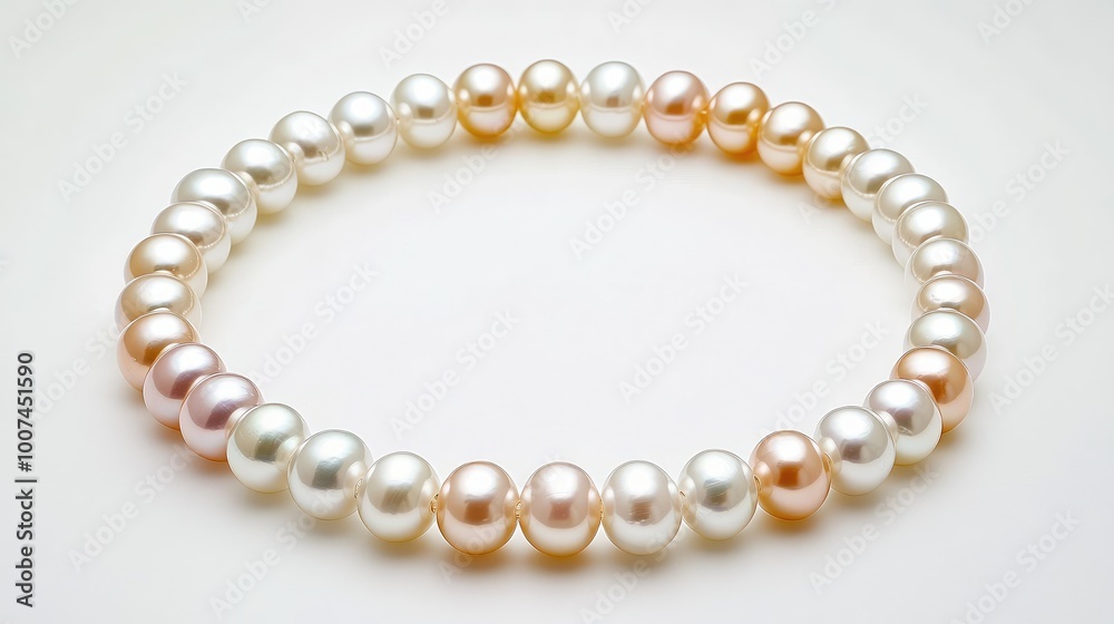 A radiant trail of pearls in various shades forming a perfect circle on a white backdrop, symbolizing beauty, purity, and elegance A radiant trail of pearls in various shades forming a perfect circle on a white backdrop, symbolizing beauty, purity, and elegance